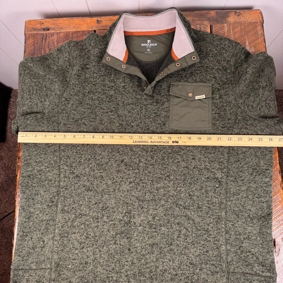 Woolrich XL Olive Pullover Fleece Snap Neck Pocket Outdoor Sweater - Picture 8 of 12